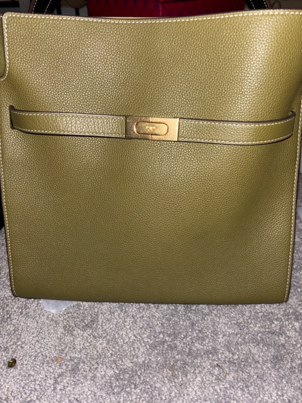 Tory Burch Lee Radzwill Olive Green Pebbled Leather Tote with Gold Hardware